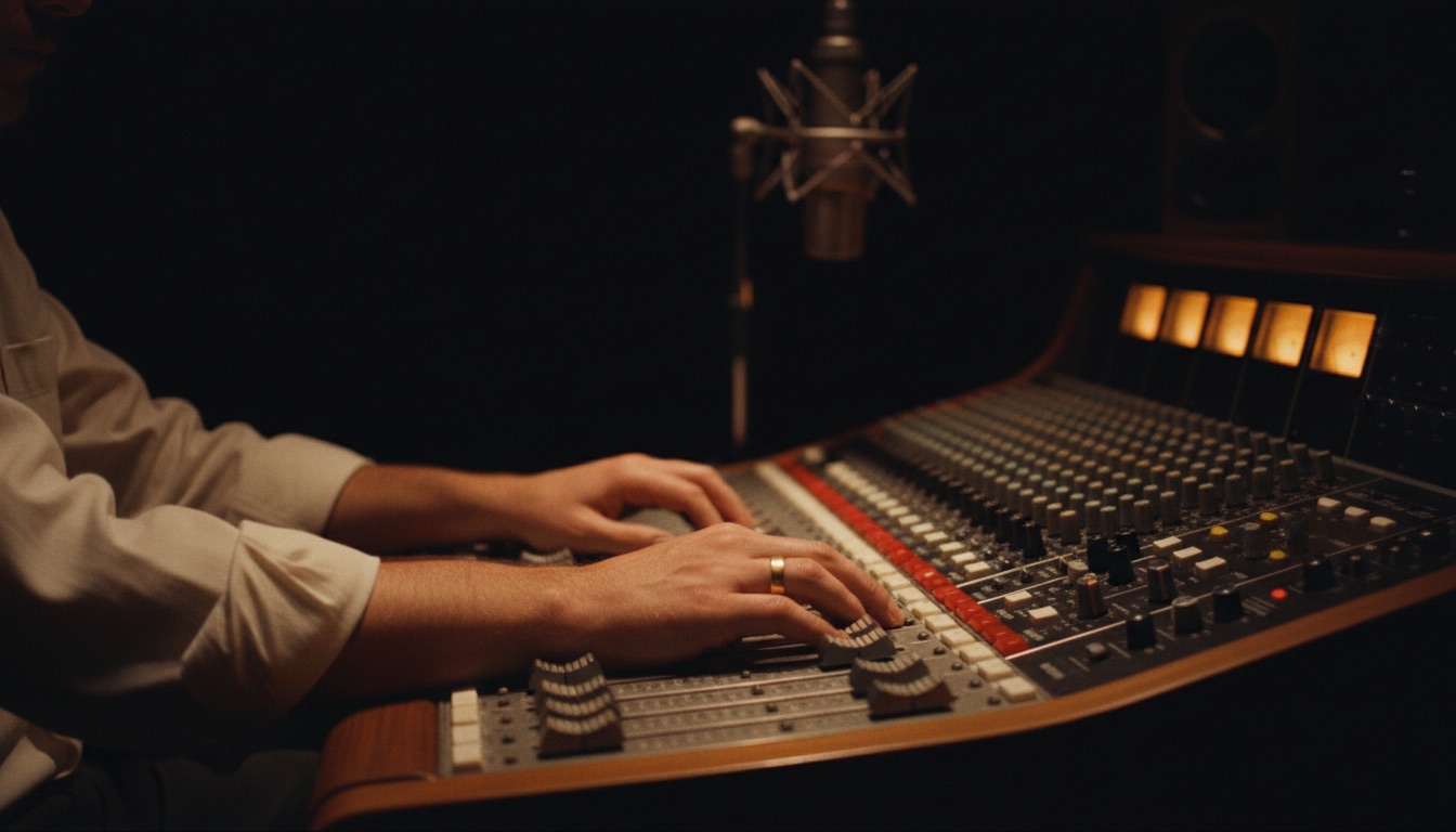 Händer på ett analogt mixerbord i ett studio-mörker