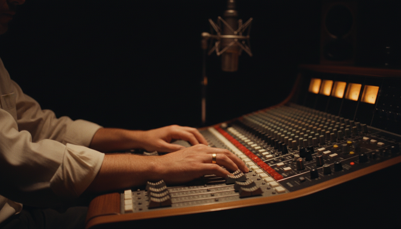 Hender på et analogt miksebord i studiomørke