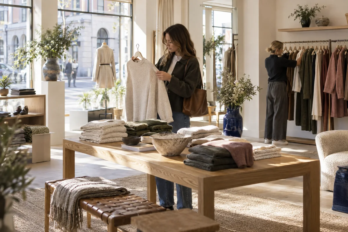 Ljus butik med träinredning och kläder i varma toner