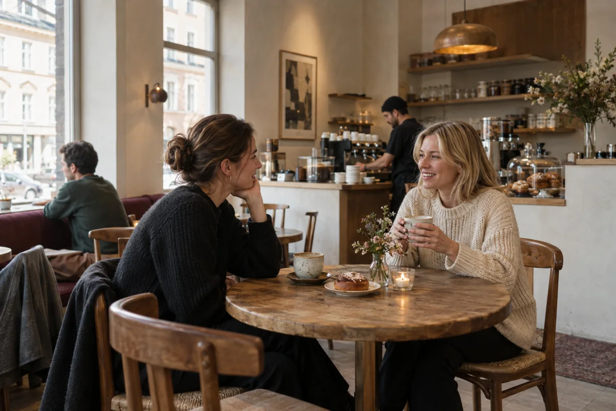 Lys café med gæster, der snakker over en kop kaffe