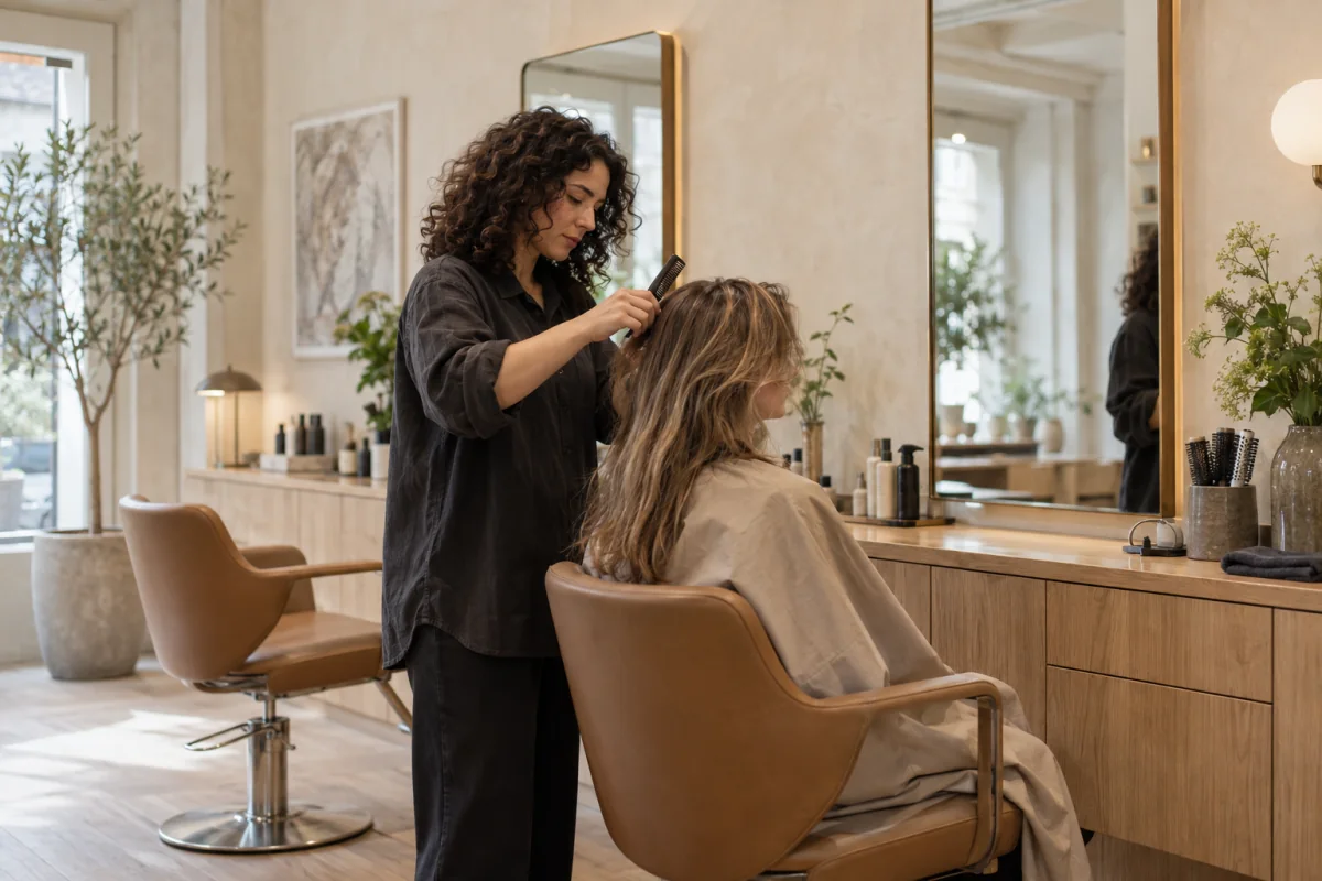 Frisør, der arbejder i en lys salon