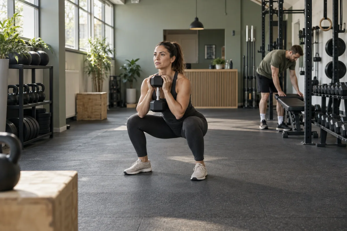 Træning med frie vægte i et lyst fitnesscenter
