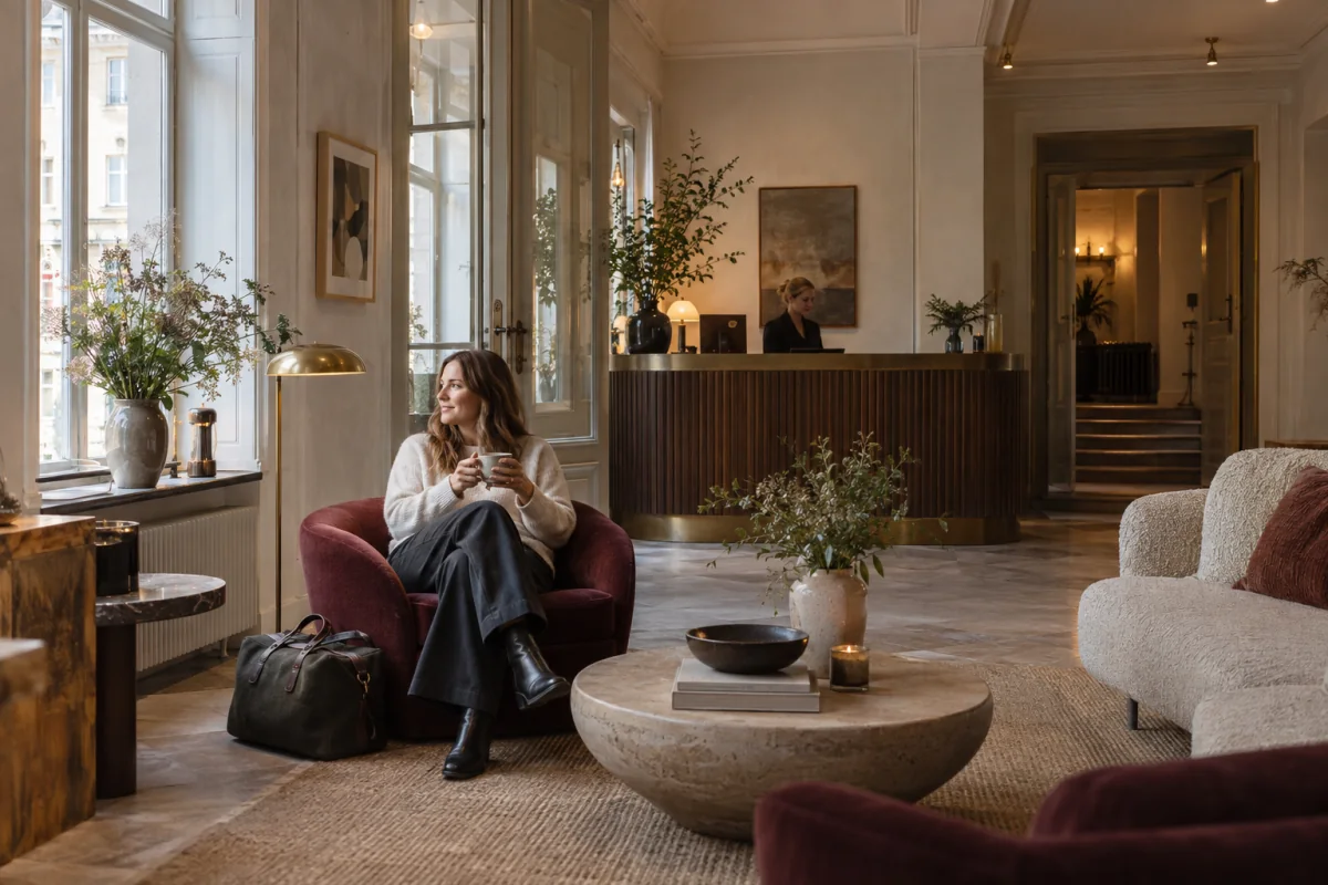 Indbydende hotellounge med varme materialer